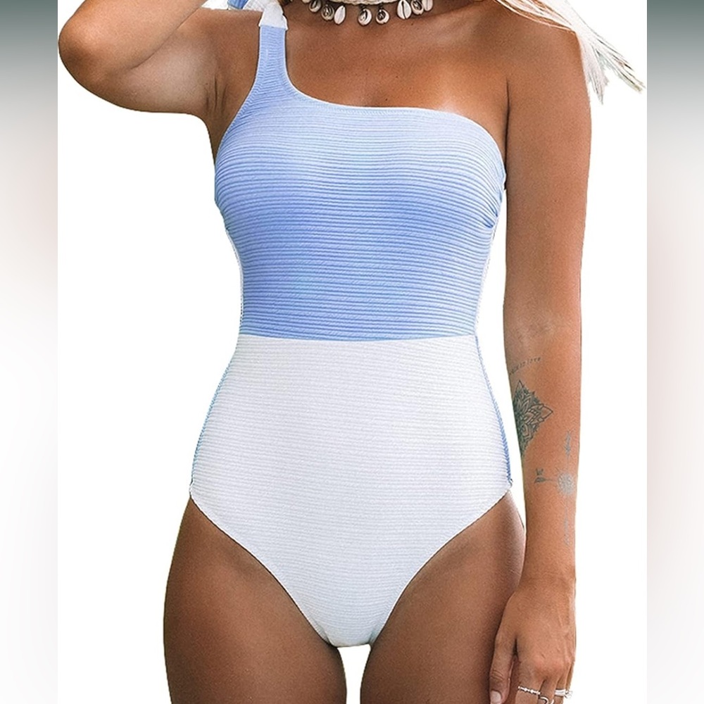 CUPSHE Women's One Piece Swimsuit Color Block One Shoulder Bowknot Bathing Suit